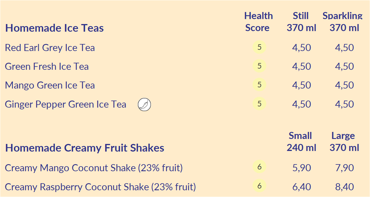 Ice Tea and Shake Menu