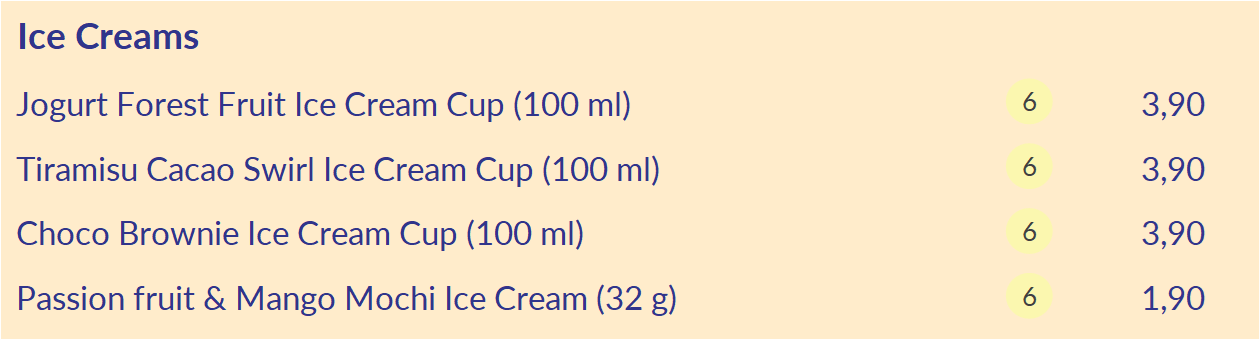 Cakes and Ice Cream Menu